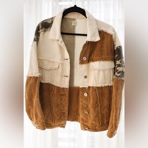 POL Patchwork Corduroy & Denim Jacket – Cream/Tan/Camo – Oversized Shacket Style